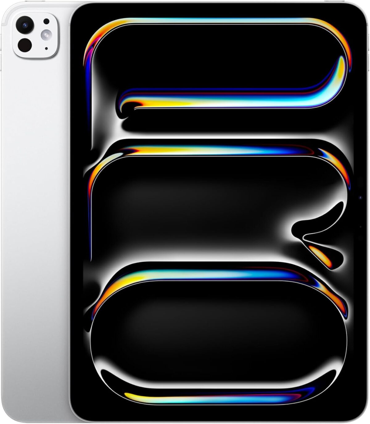 Silver tablet with black screen displaying colorful, abstract shapes and curves on a white background—an ideal visual for showcasing the Best Tools for Faceless Businesses.