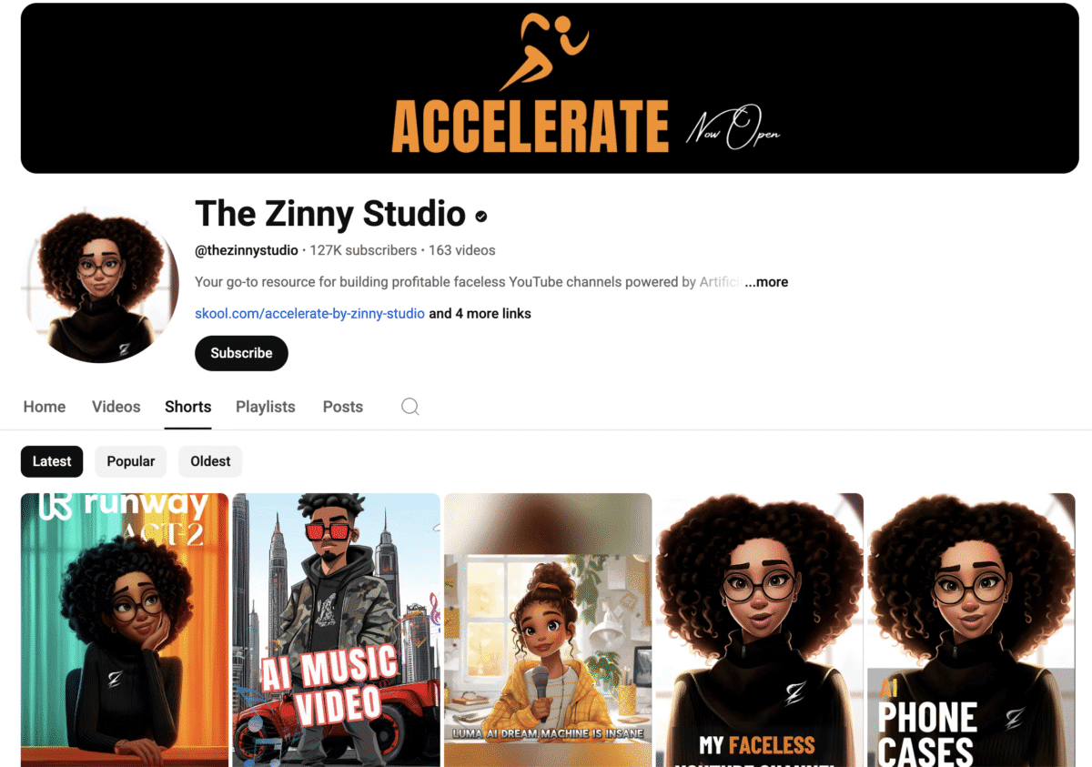 YouTube Shorts page for The Zinny Studio showcasing animated avatars and video thumbnails about content creation and Faceless Business Ideas.