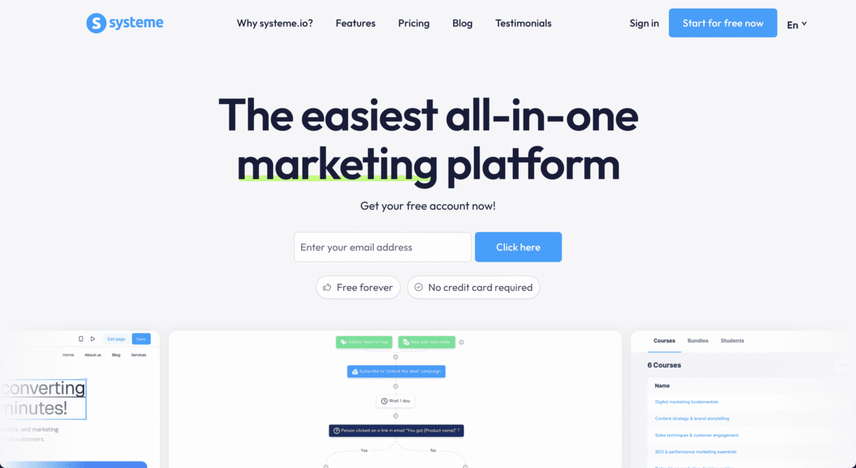 Systeme.io homepage with bold text: The easiest all-in-one marketing platform for launching Faceless Business Ideas, plus an email signup form.