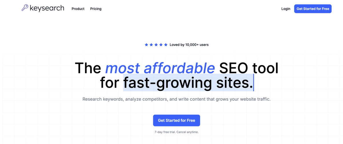 Keysearch homepage promoting its affordable SEO tool, perfect for those exploring Faceless Business Ideas, with buttons to get started for free and login.