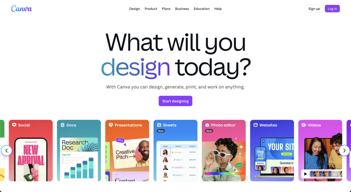 Canva homepage with the text What will you design today? and various design project options displayed below—perfect inspiration for exploring faceless business ideas.