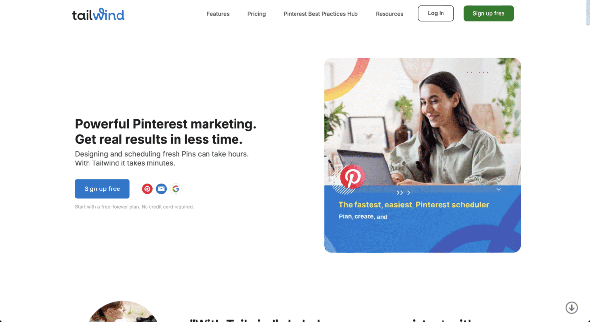 A woman smiling at her laptop, with Pinterest scheduler features highlighted beside her—perfect inspiration for exploring Faceless Business Ideas.