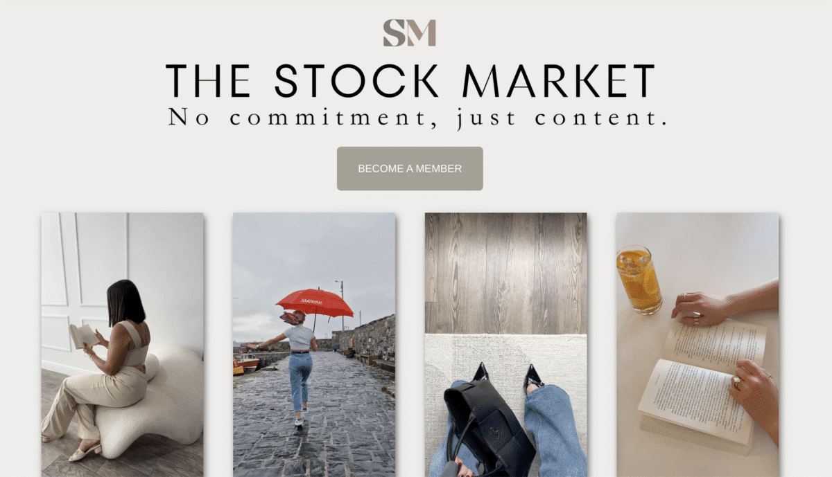 Four vertical photos of women reading, walking, shopping, and drinking—perfect inspiration for faceless business ideas—displayed next to The Stock Market membership promo text.