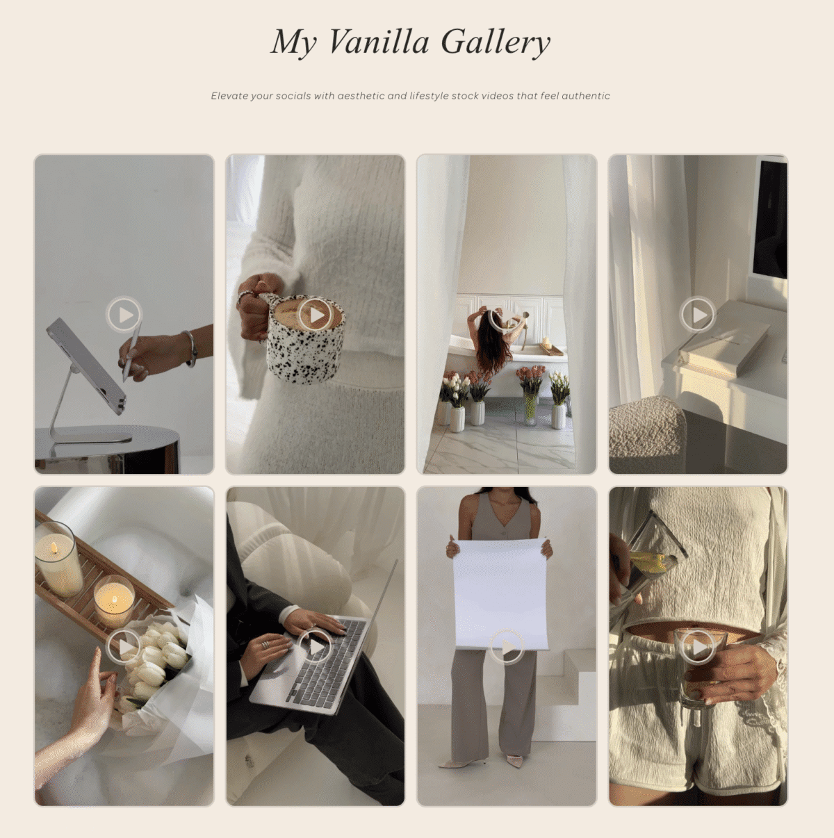 A collage of aesthetic lifestyle scenes with soft lighting, neutral tones, and overlayed play buttons—perfect inspiration for Faceless Content Banks.