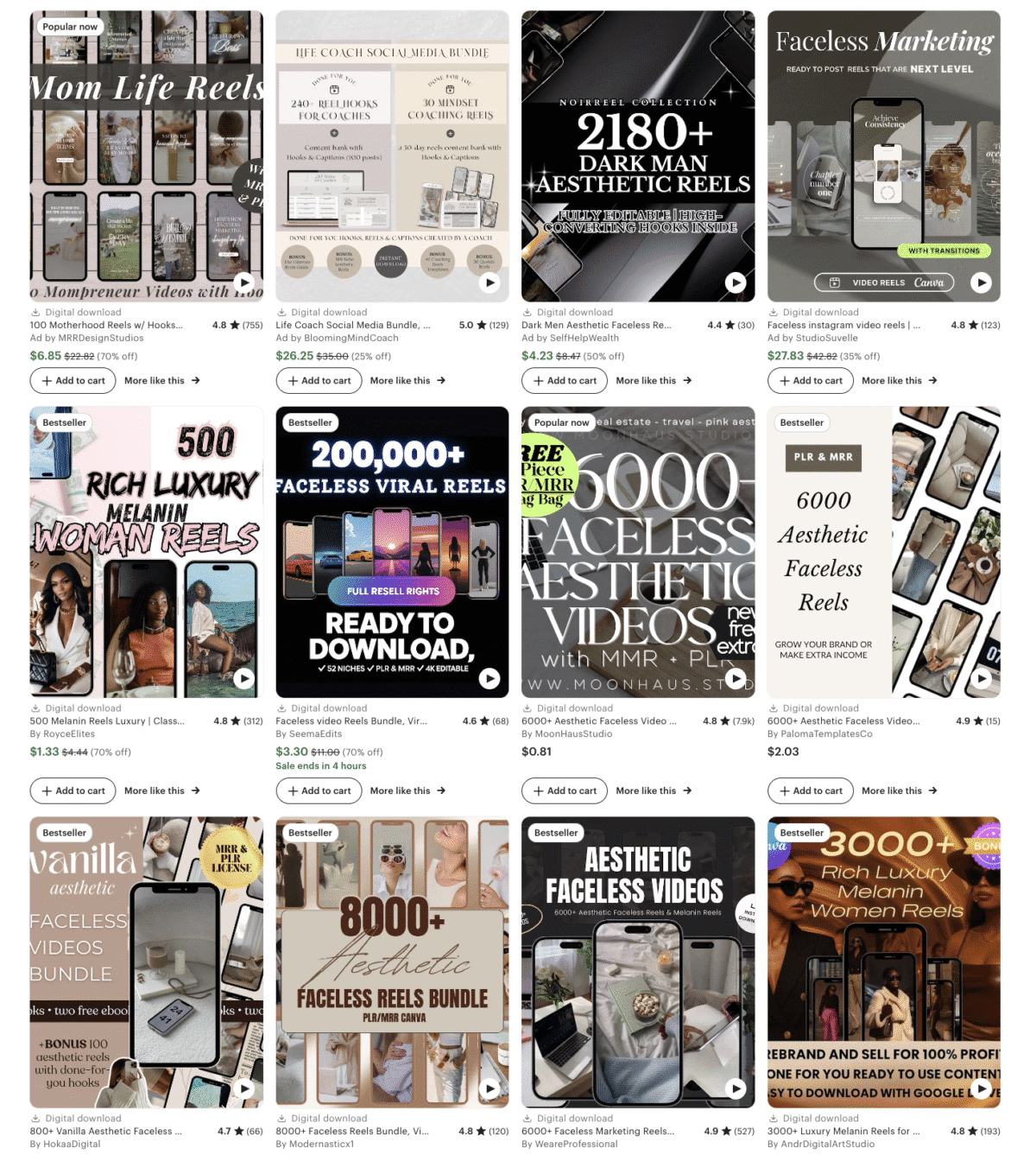 A grid of Etsy listings for Faceless Content Banks and video reel bundles, mostly promoting luxury and aesthetic themes.