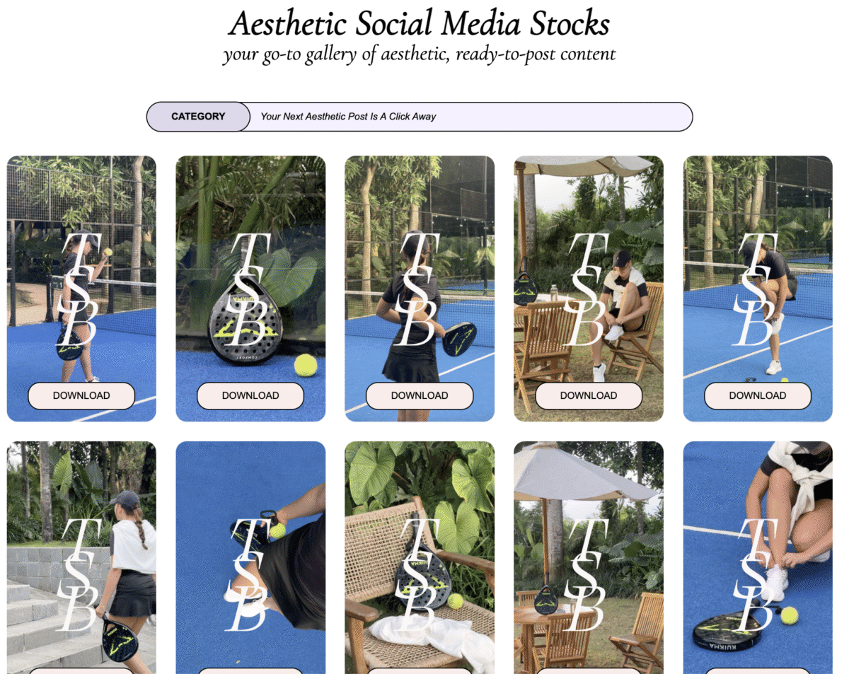Gallery of aesthetic tennis-themed social media images, featuring racquets and courts, perfect for Faceless Content Banks. Download buttons included for easy access.