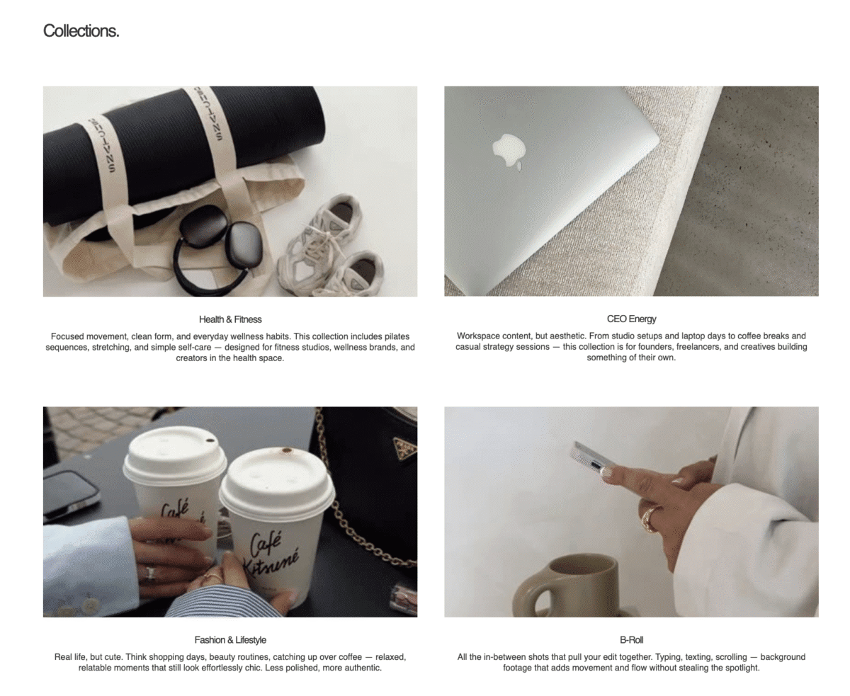 A collage of four lifestyle photos featuring fitness gear, a laptop, coffee cups, and a person using a smartphone—perfect inspiration for Faceless Content Banks.