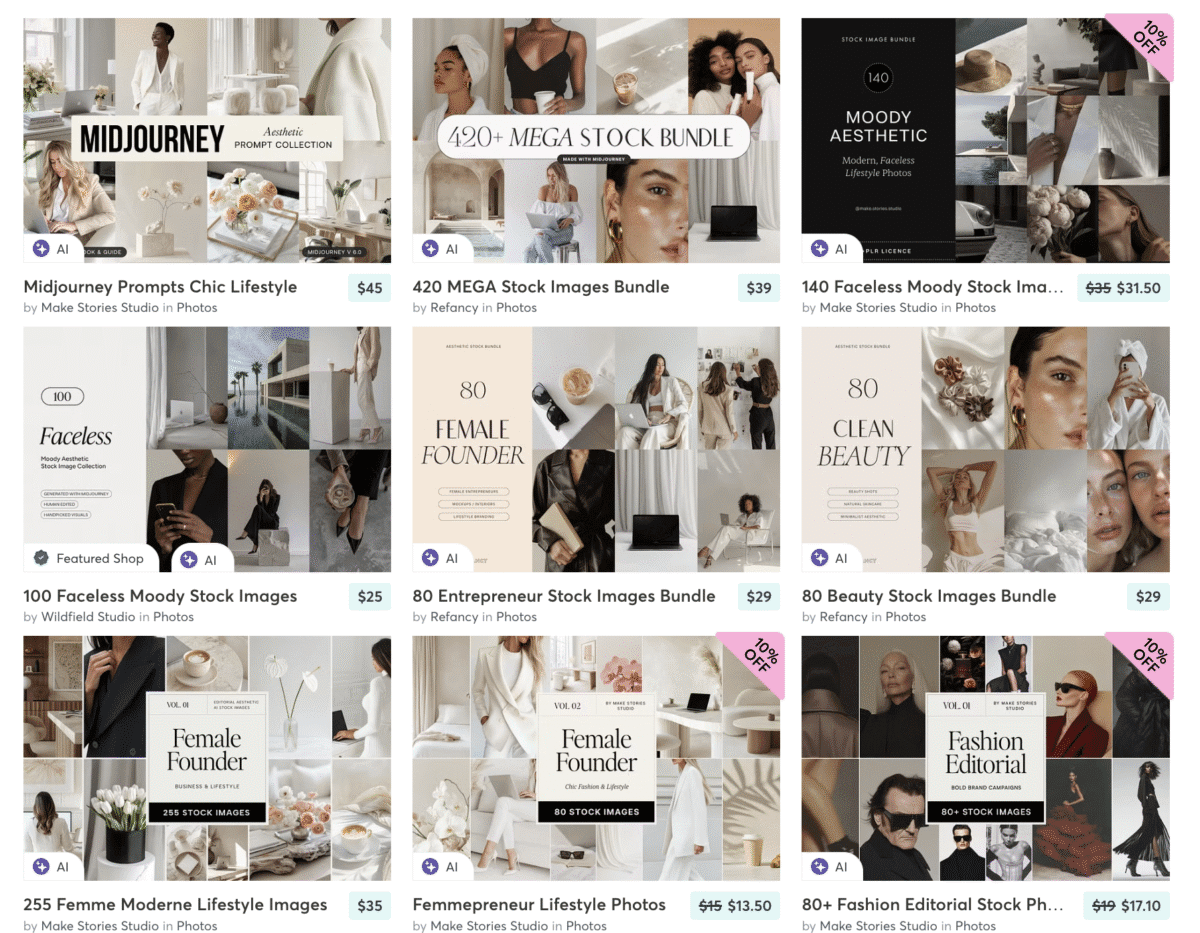 A collage of various Faceless Content Banks showcases stock photo bundles featuring women, fashion, lifestyle, and moody aesthetics.