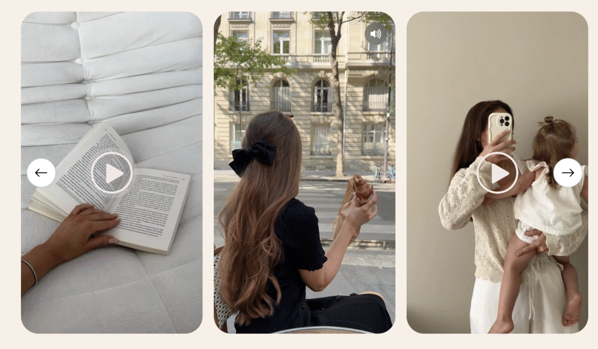 Three aesthetic photos from Faceless Content Banks: a hand reading a book, a woman with long hair eating, and a mother holding a child.