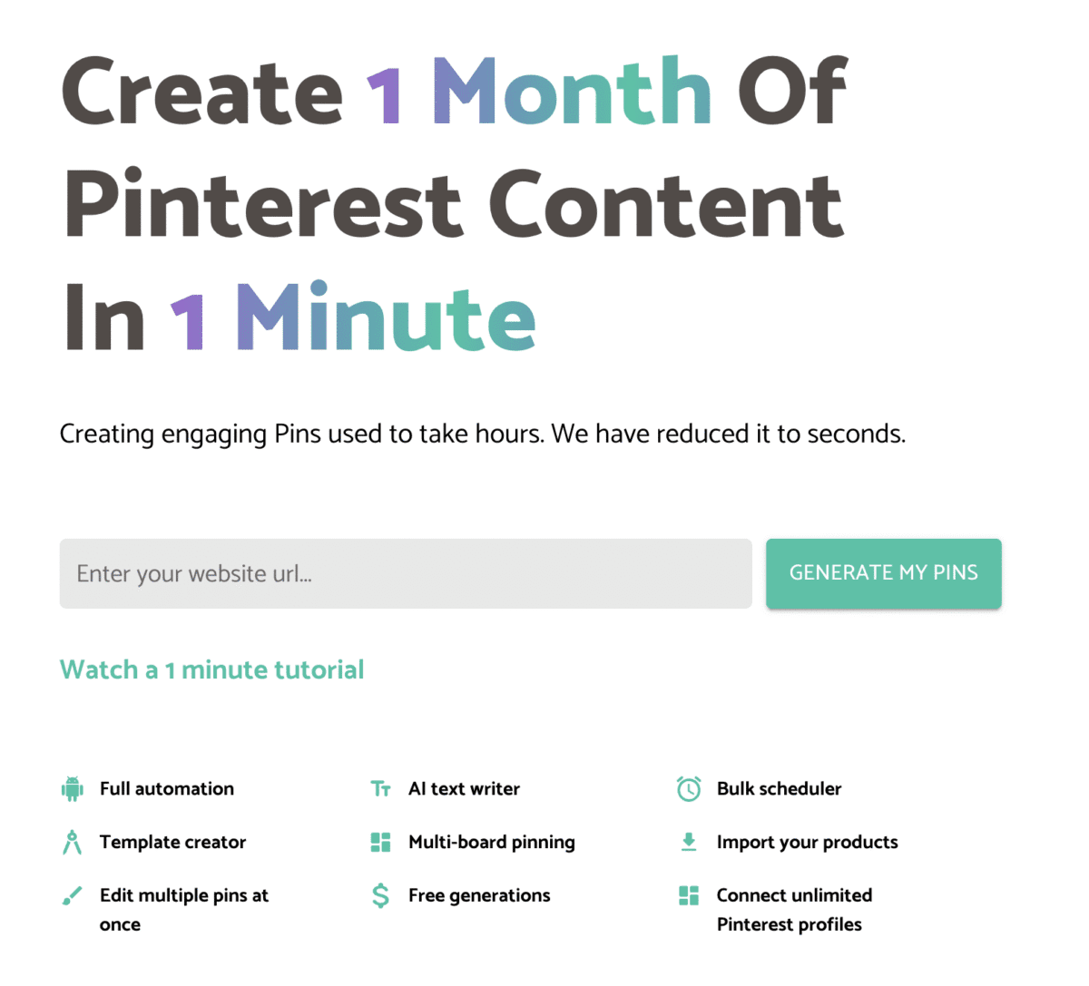 Create 1 Month of Pinterest Content in 1 Minute—promo for automated Pinterest pin creation tool with feature icons and access to Faceless Content Banks.