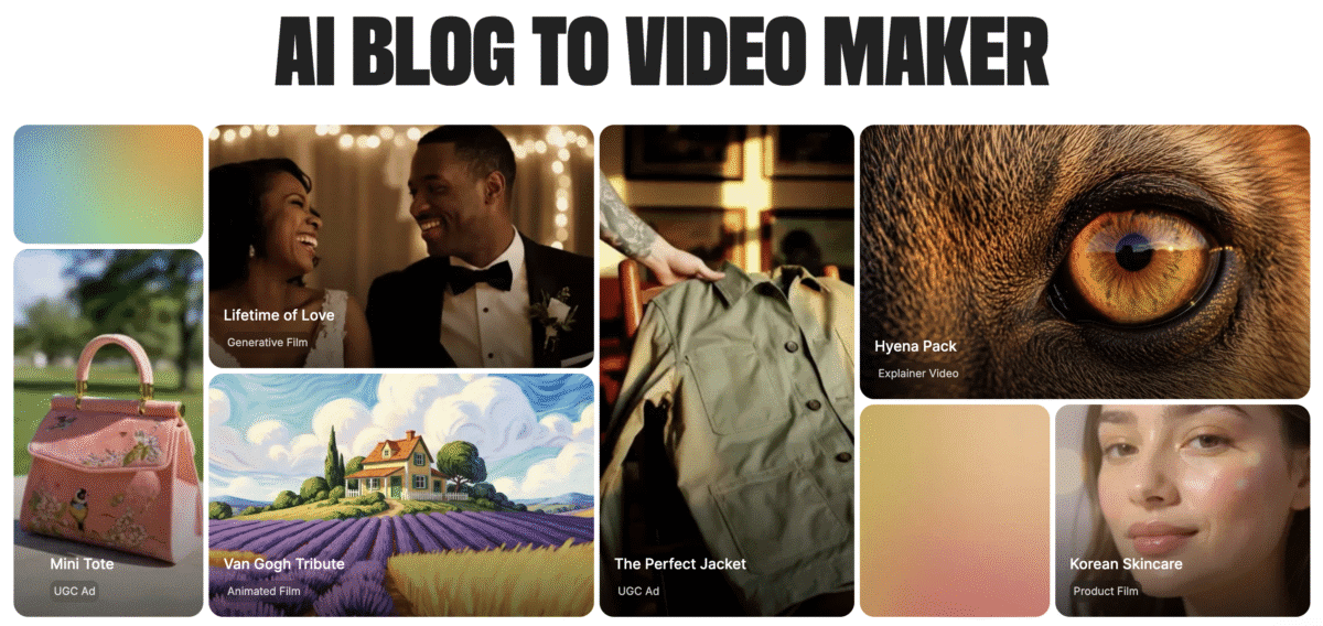 invideo ai Collage of colorful video thumbnails under the heading AI Blog to Video Maker, showcasing a faceless marketing strategy.