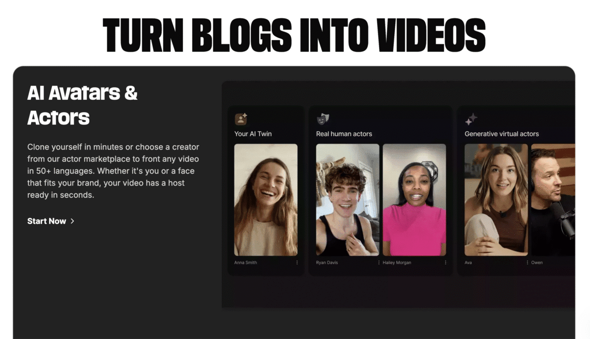 Website section showcasing AI avatars and actors for transforming blogs into videos, using a faceless marketing strategy. Features three sample video thumbnails for inspiration.
