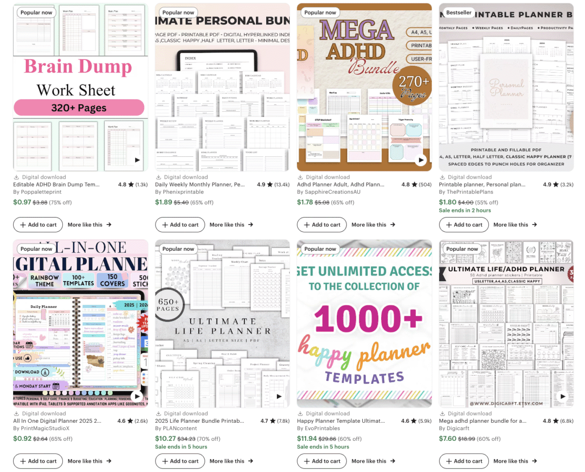 A grid of faceless digital products, including planner and worksheet bundle listings with colorful covers and text, displayed on an online shop.