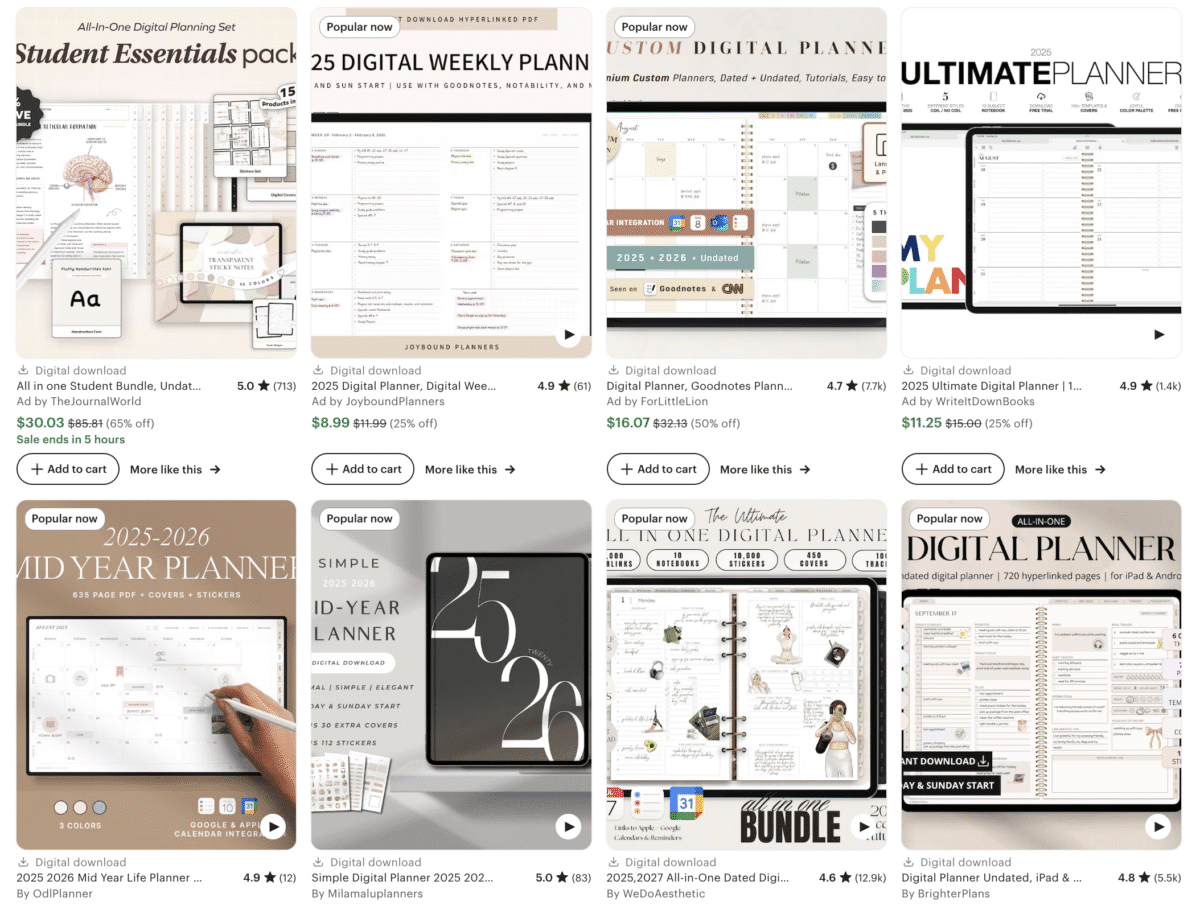 A grid of faceless digital products displays digital planner listings, featuring various planner layouts, prices, and ratings.
