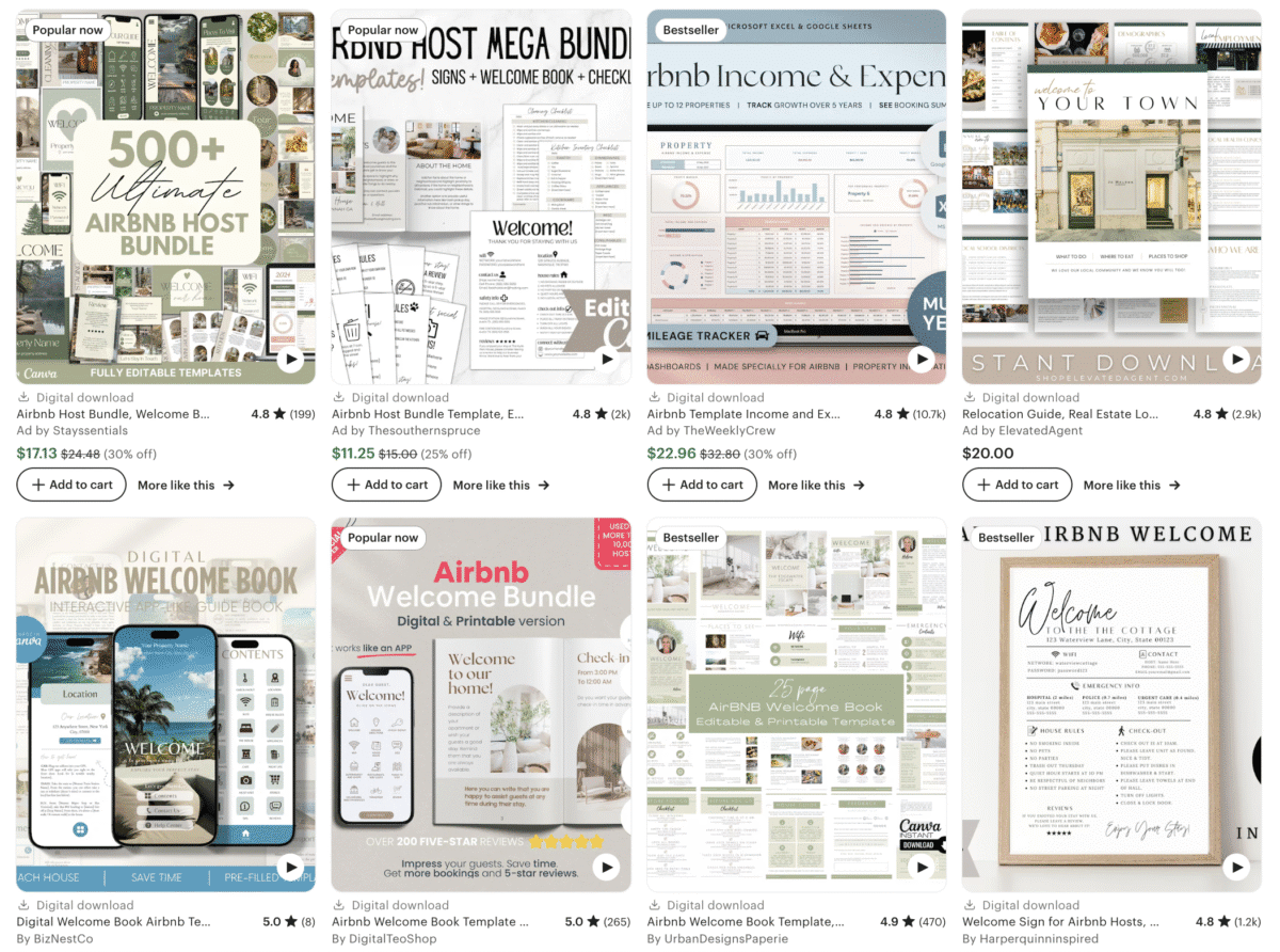 A grid of faceless digital products, including Airbnb host welcome book and guide templates, for sale on an online marketplace.