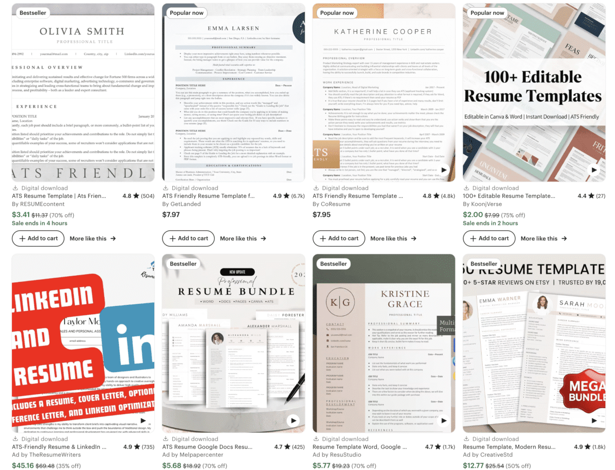 A grid of faceless digital products showcases resume template listings on an online marketplace, featuring various designs and prices.
