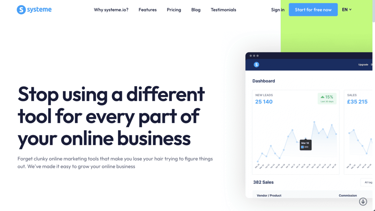 Systeme.io website homepage featuring a dashboard screenshot and bold text about simplifying online business tools, perfect for those interested in Faceless Affiliate Marketing.