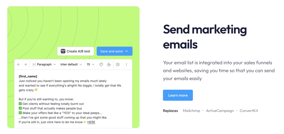 Screenshot of a marketing email tool interface, perfect for Faceless Affiliate Marketing, featuring buttons for creating A/B tests and sending emails.