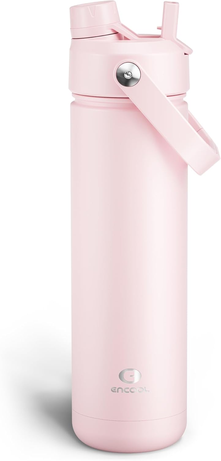 Light pink reusable water bottle with a handle and a flip-top lid, branded ENCool at the bottom—an ideal accessory for those seeking the Best Tools for Faceless Businesses.