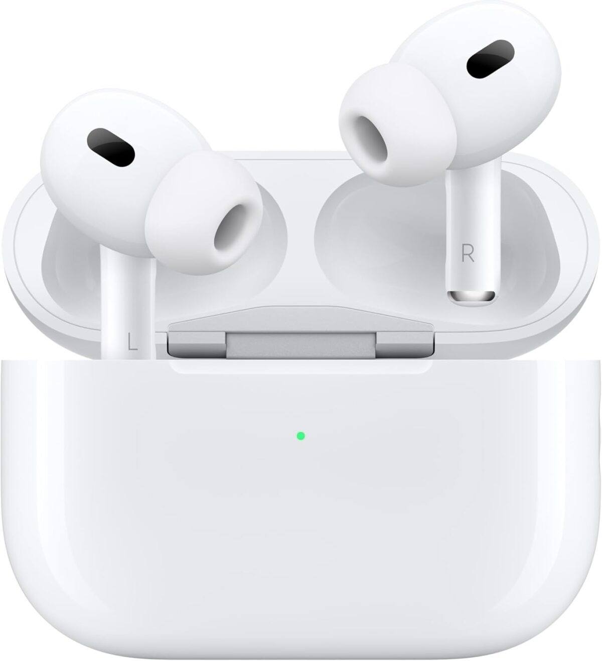 White wireless earbuds in an open charging case with a green indicator light on the front—an ideal choice among the best tools for faceless businesses seeking seamless audio solutions.