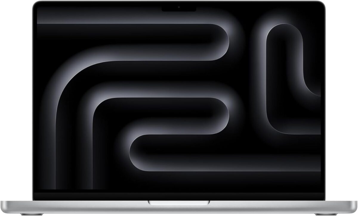 A silver laptop with a black screen displaying abstract, curved gray lines and shapes—ideal for showcasing the Best Tools for Faceless Businesses.