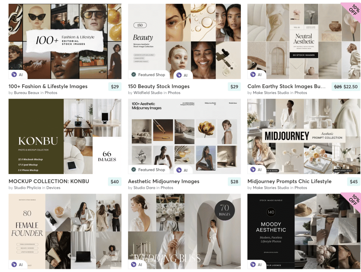 Grid of digital product listings featuring minimalist and elegant stock images, templates, creative bundles, and inspiring Faceless Business Ideas.