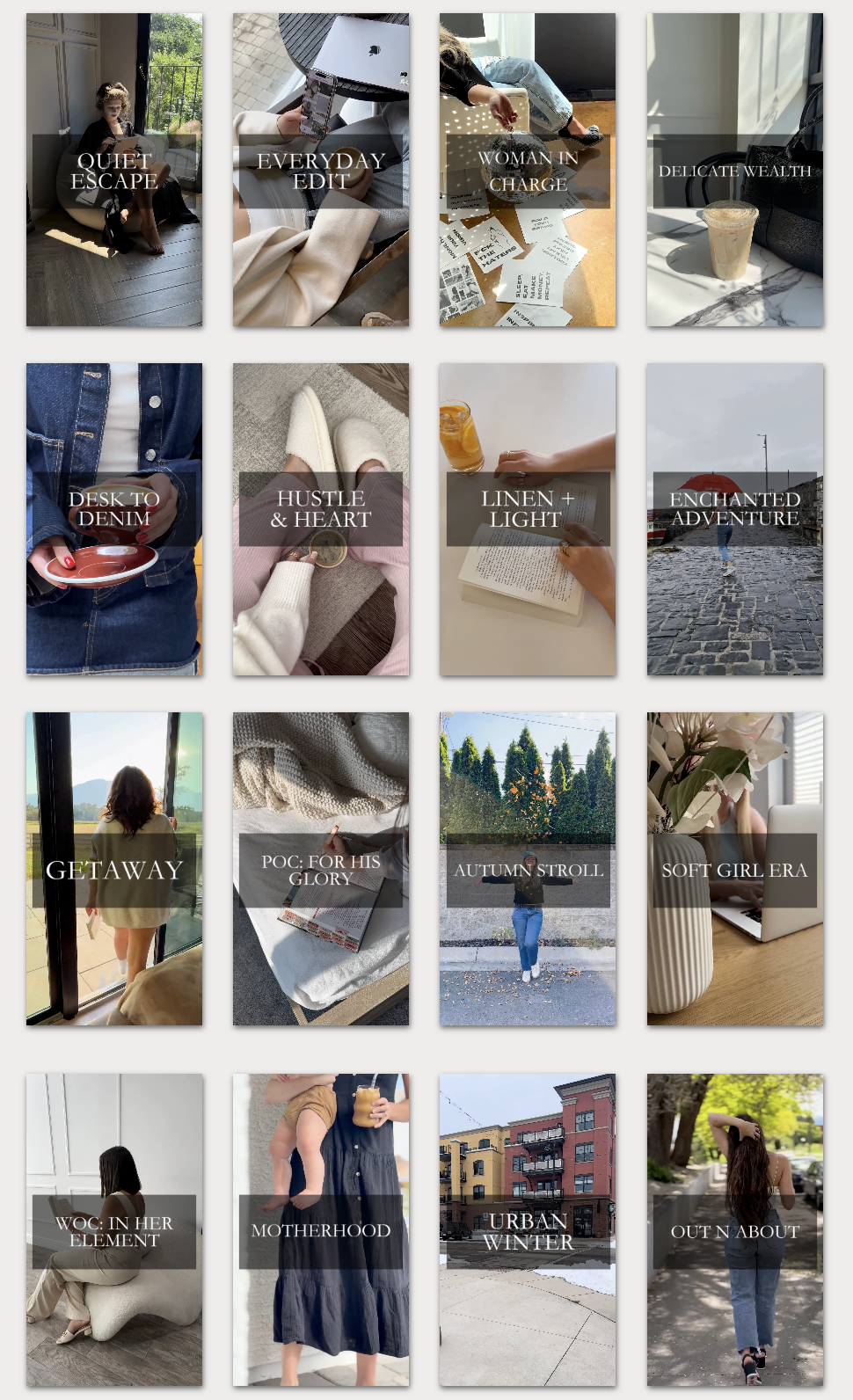 A collage of 16 lifestyle-themed photos, inspired by Faceless Content Banks, with text overlays such as OUTFIT ESCAPE and AUTUMN STROLL.