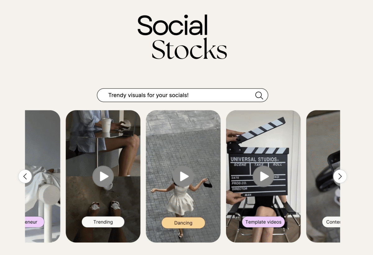 Website with a search bar and video thumbnails labeled Entrepreneur, Trending, Dancing, Template videos, and Content—perfect for exploring Faceless Content Banks and discovering viral ideas.