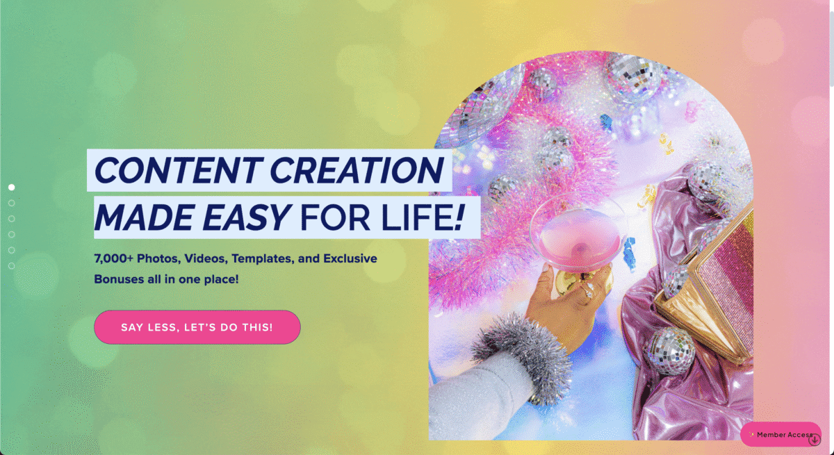 Colorful ad with text: Content creation made easy for life! A hand holds a pink drink by shiny decorations—perfect for showcasing Faceless Content Banks.