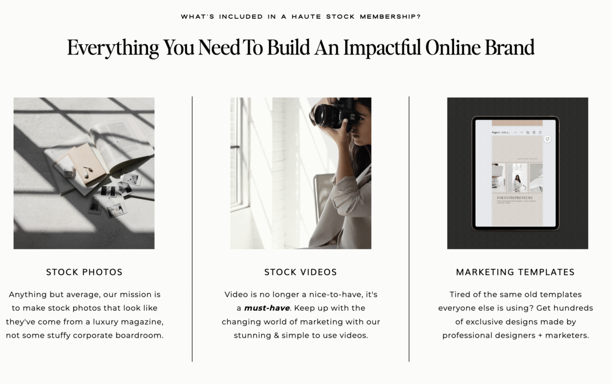 Three panels showcasing Faceless Content Banks with stock photos, stock videos, and marketing templates for building an impactful online brand.