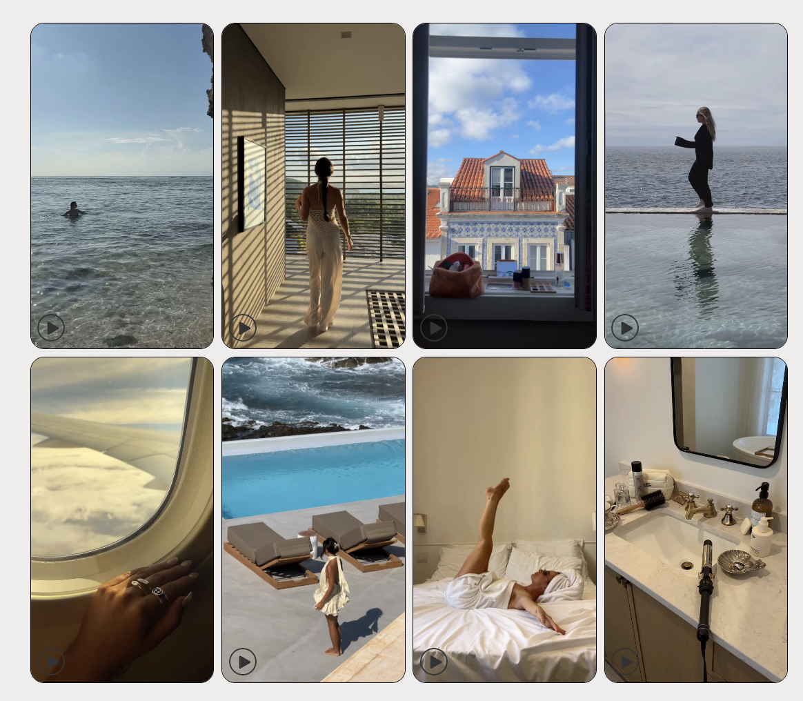 A collage of travel and relaxation scenes, featuring beaches, pools, a plane window, cozy indoor moments, and inspiration from Faceless Content Banks.