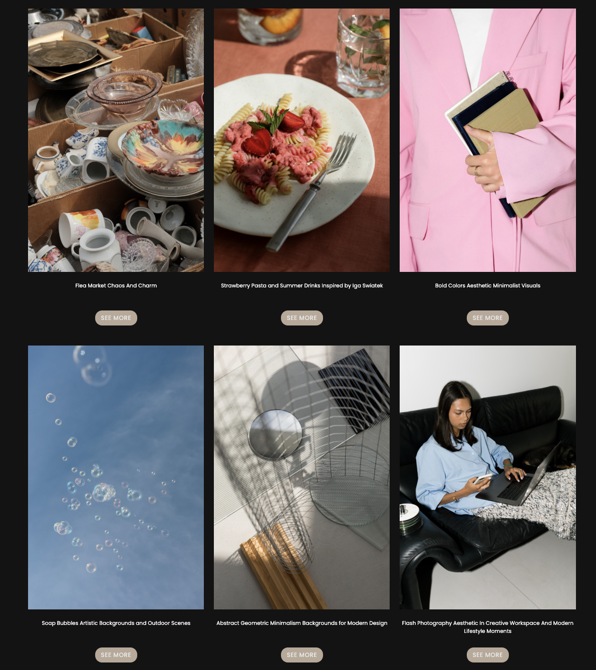 A grid of six photos features various objects, food, people, and abstract creative scenes—perfect for those seeking inspiration from Faceless Content Banks.