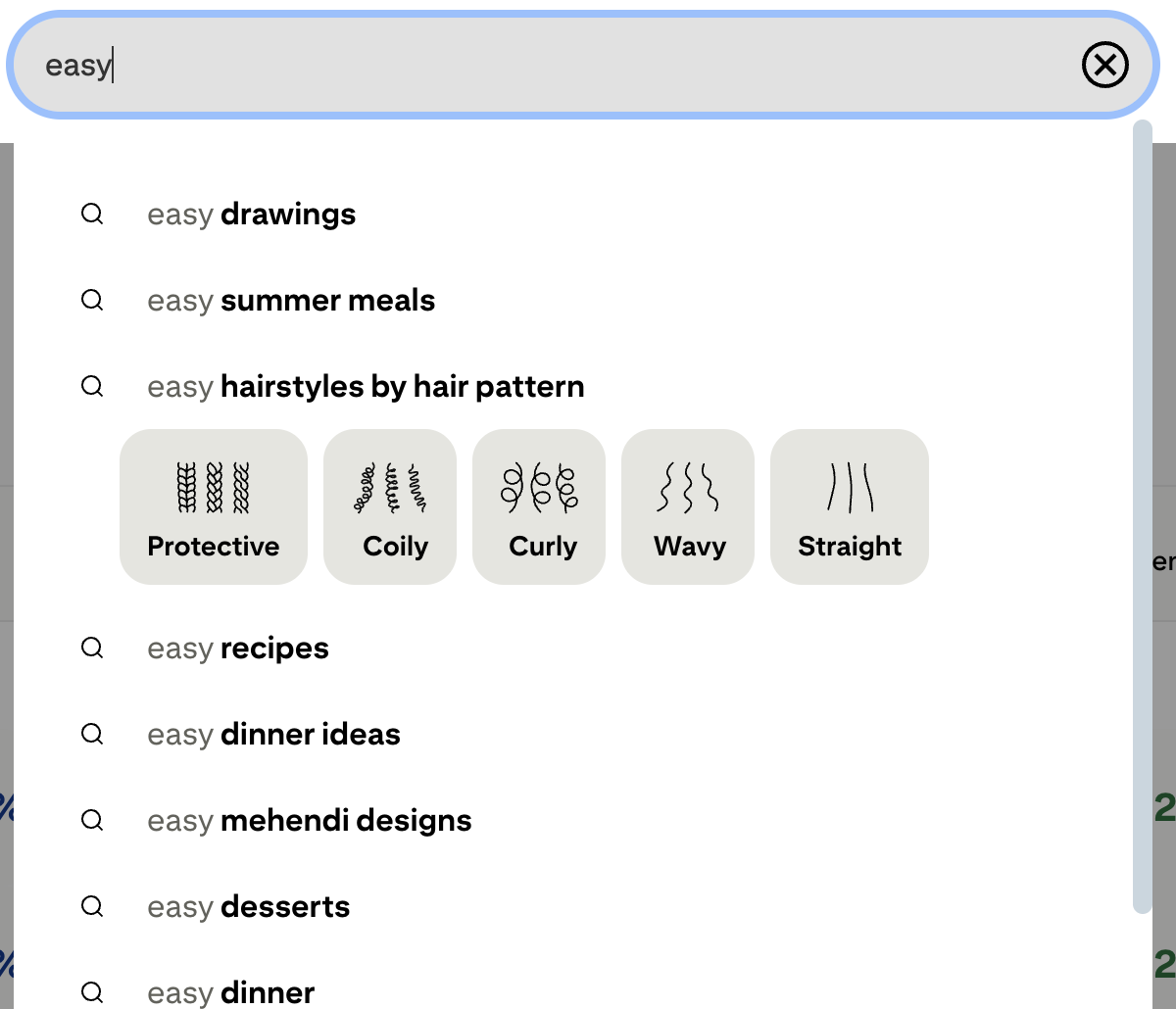 A search bar with easy typed in and suggestions like drawings, summer meals, hair pattern styles, and faceless marketing strategy displayed.