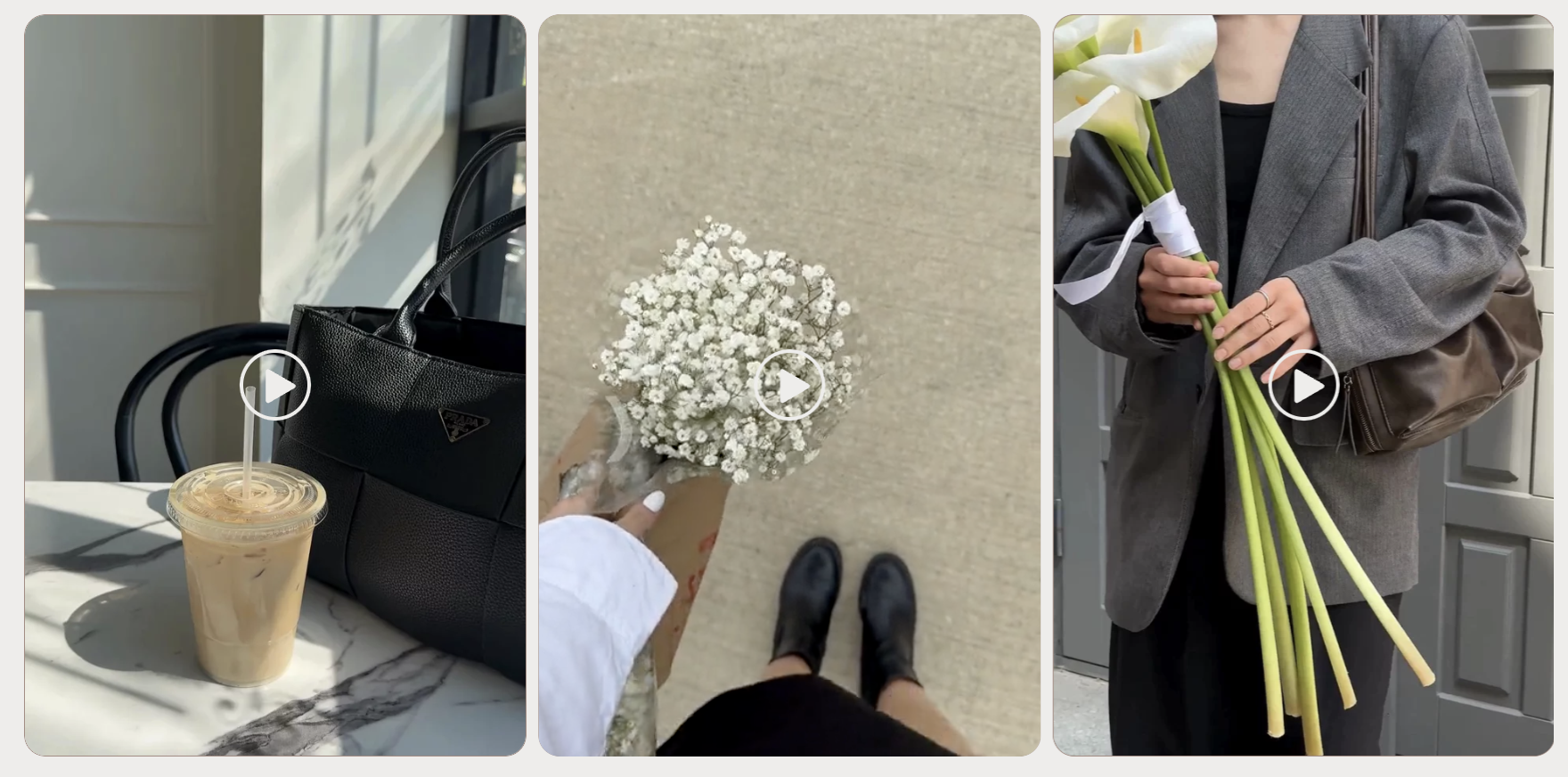 Three images: an iced coffee and black purse, a bouquet of babys breath, and a person holding calla lilies—capturing the essence of a faceless marketing strategy through curated, detail-driven visuals.