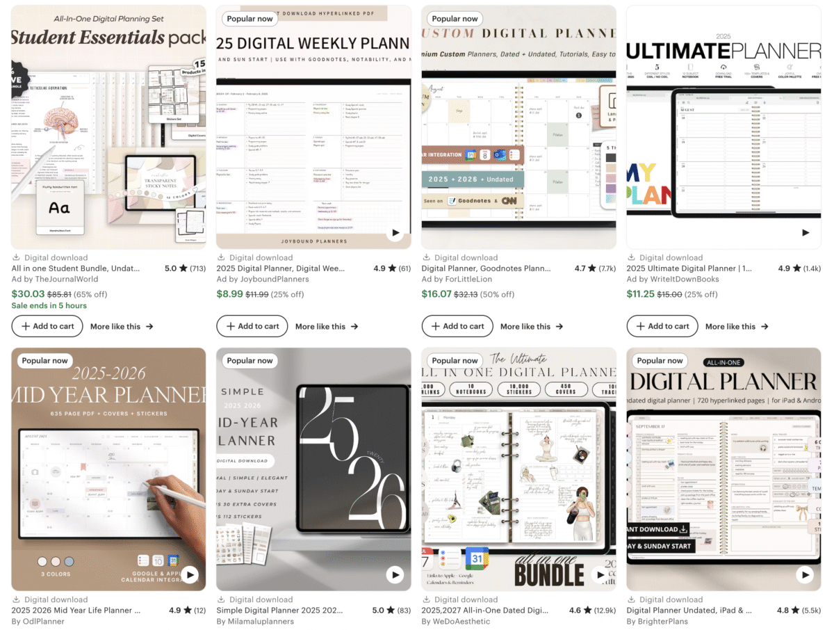 A grid of faceless digital products displays digital planner listings, featuring various planner layouts, prices, and ratings.
