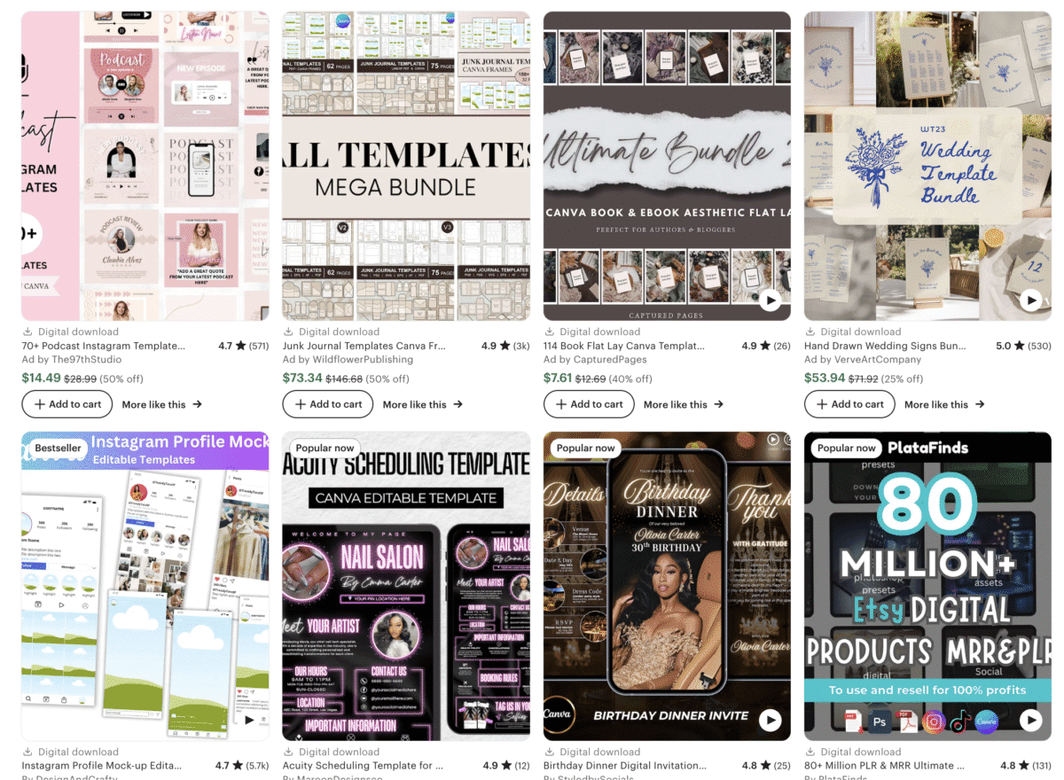 A grid of Etsy faceless digital product listings, including templates, bundles, invitations, and social media mockups.
