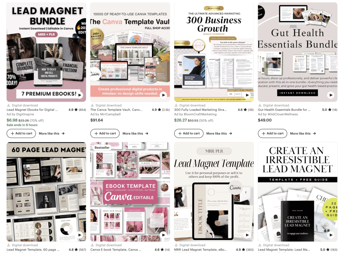 A collage of faceless digital products and ebook templates, including lead magnets, business, and health bundles.