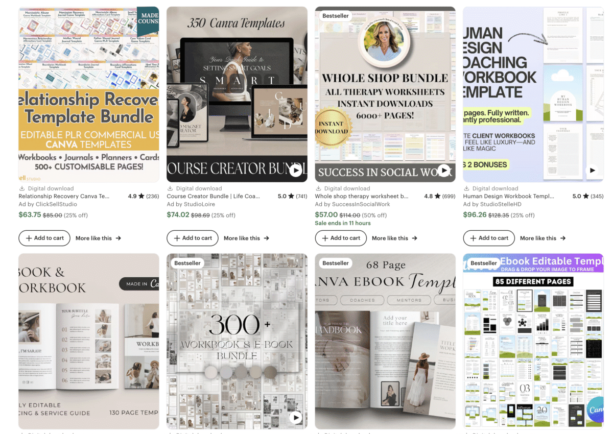 A grid of faceless digital products like workbooks and templates displayed as listings on an online marketplace.