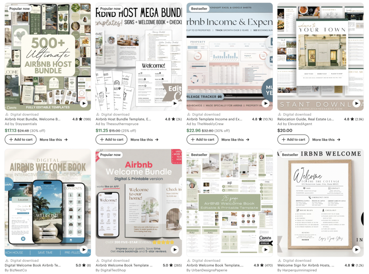 A grid of faceless digital products, including Airbnb host welcome book and guide templates, for sale on an online marketplace.
