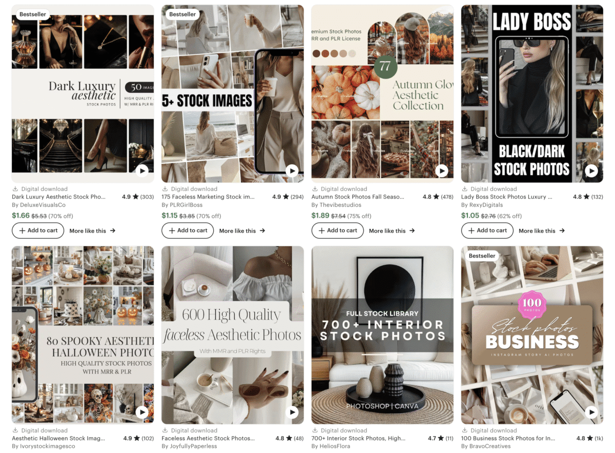 A collage of various aesthetic faceless digital products and stock photo bundles for sale, featuring business, autumn, and luxury themes.