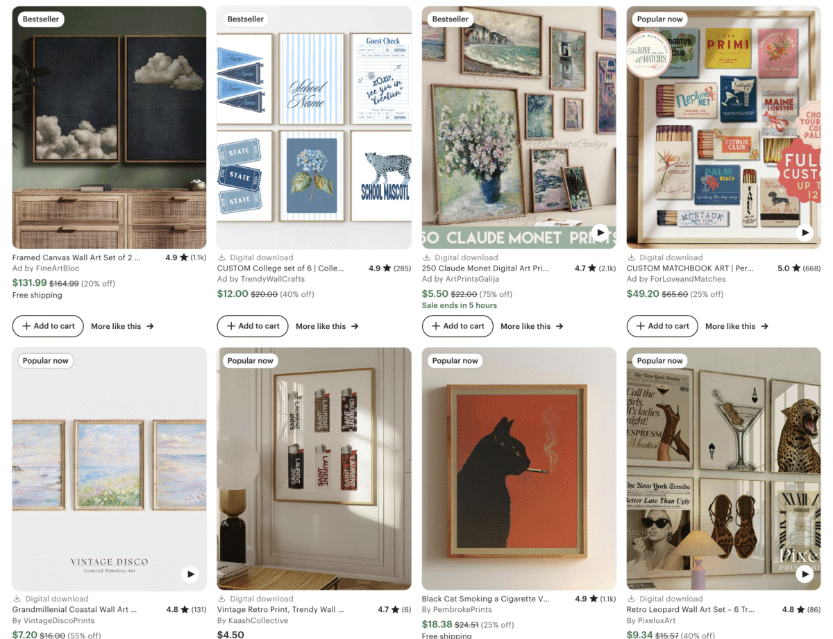 Collage of various wall art prints, including landscapes, faceless digital products, abstract art, and vintage-style posters on display.