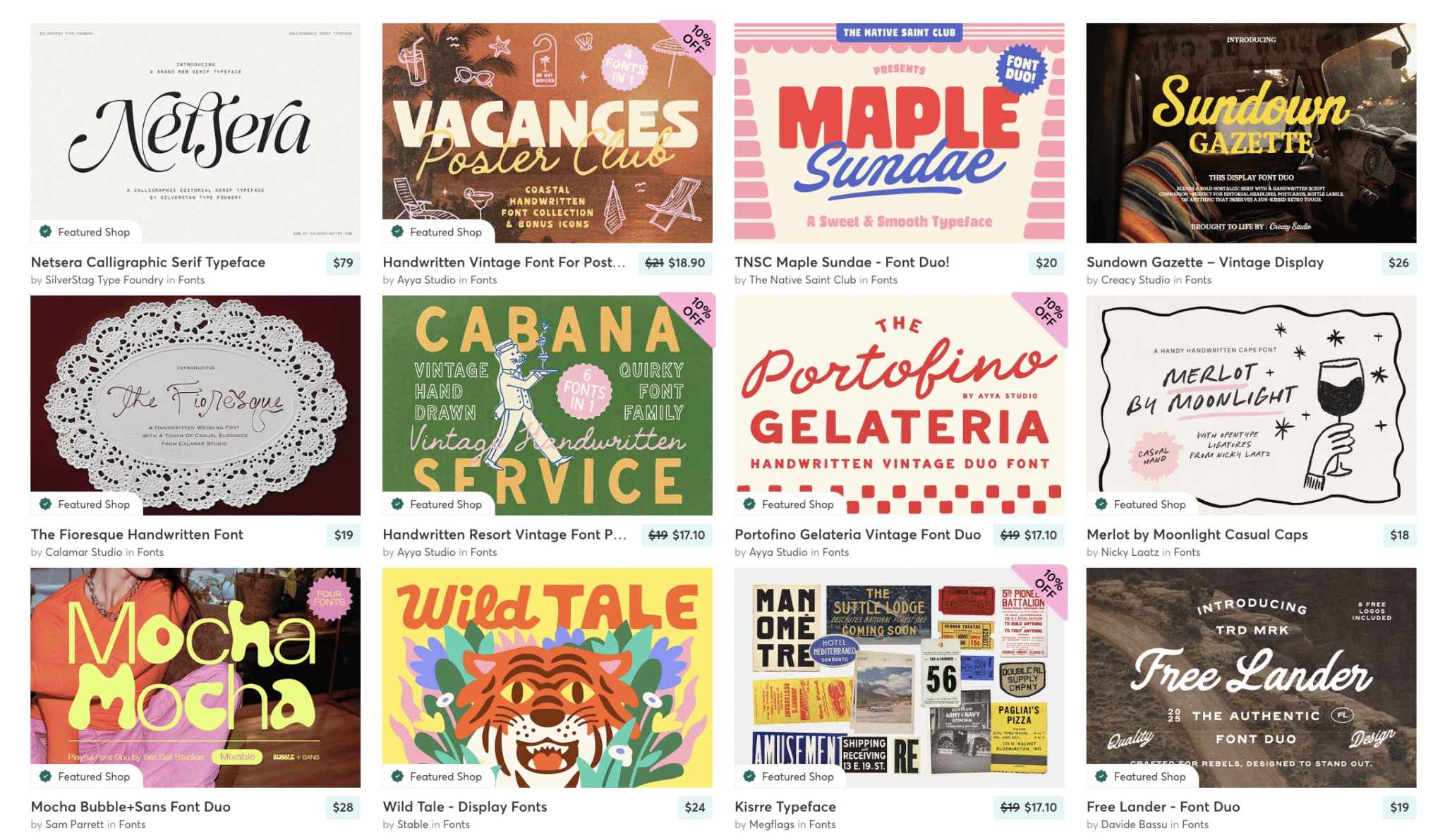 A grid of twelve colorful, decorative font samples, each with unique designs and playful text styles—perfect for enhancing faceless digital products.