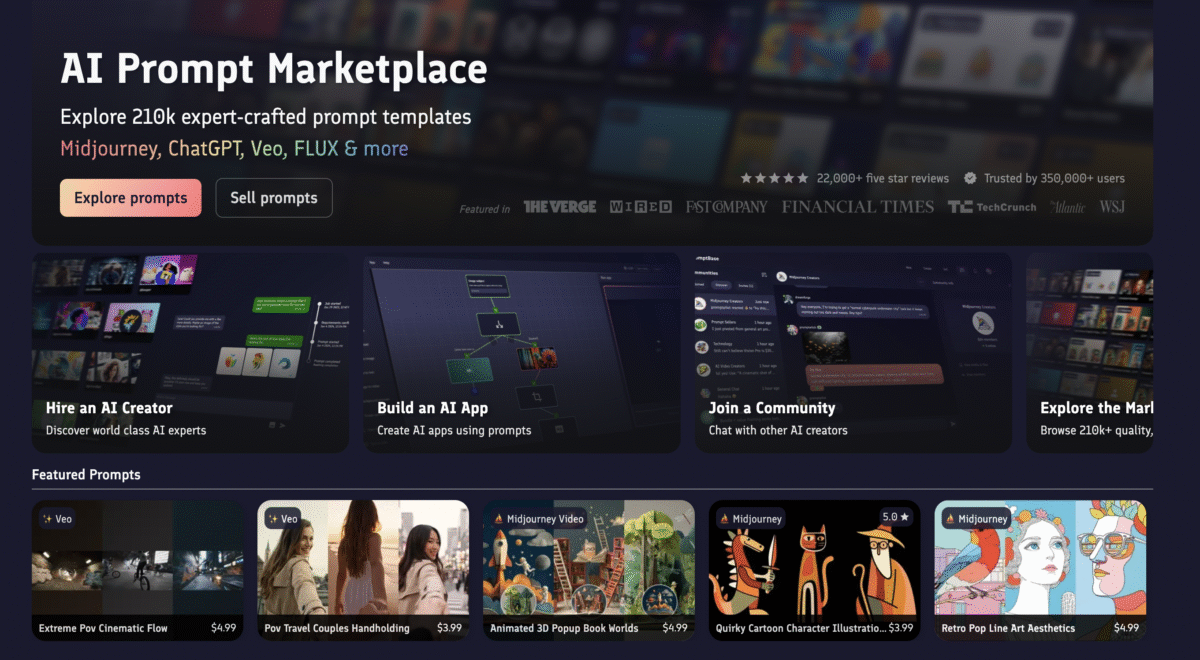 AI prompt marketplace homepage featuring faceless digital products, a variety of prompt options, search bar, and AI-generated image thumbnails.
