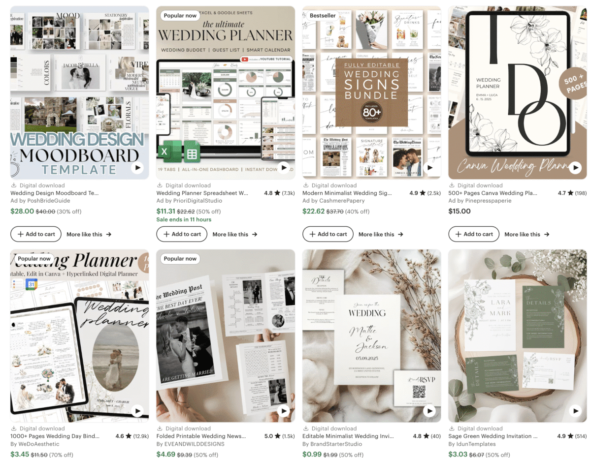 A grid of faceless digital products, featuring wedding planner templates for sale on an online marketplace.