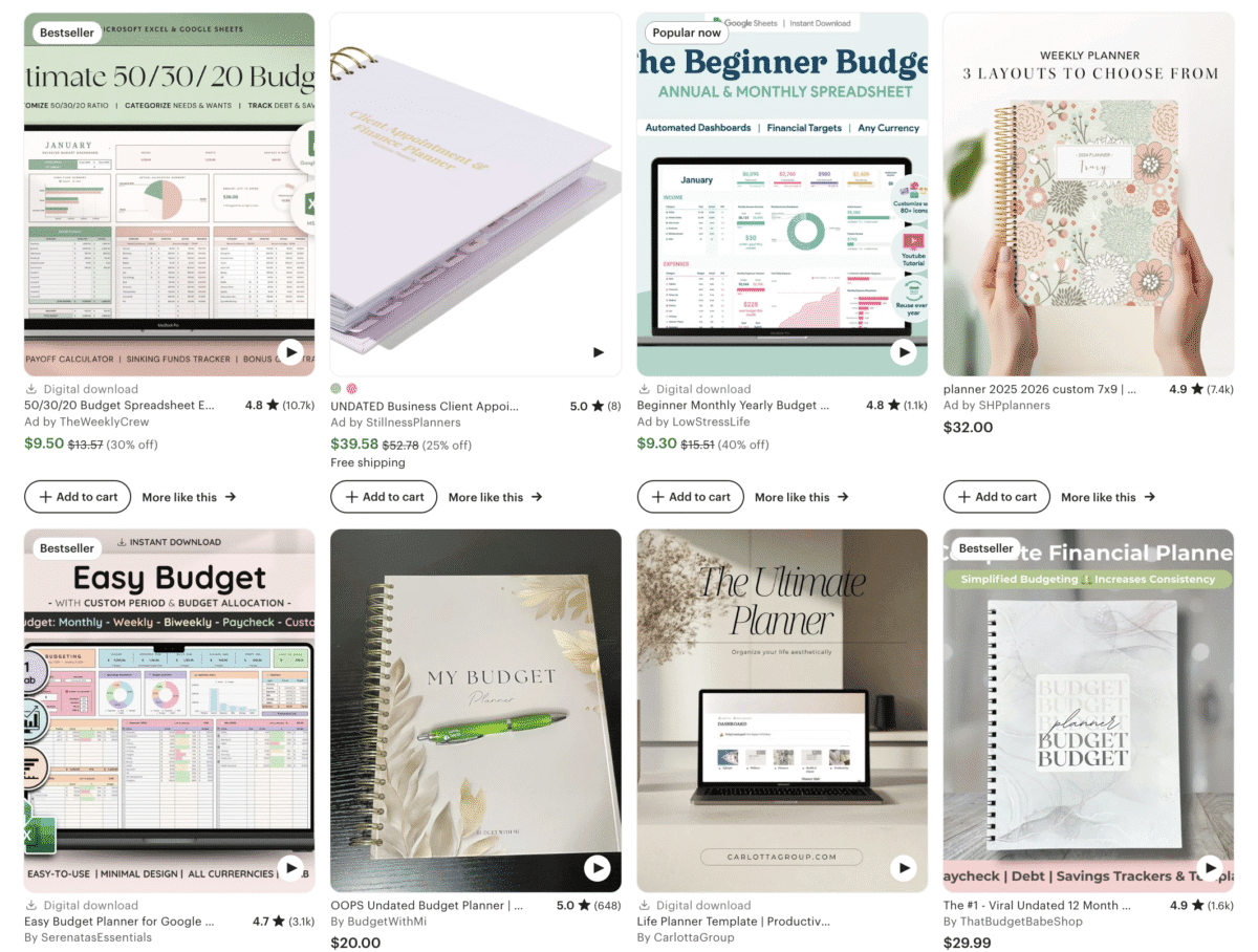 Grid of faceless digital products, including budget planners, notebooks, and spreadsheets—both digital and physical—displayed on an online marketplace.
