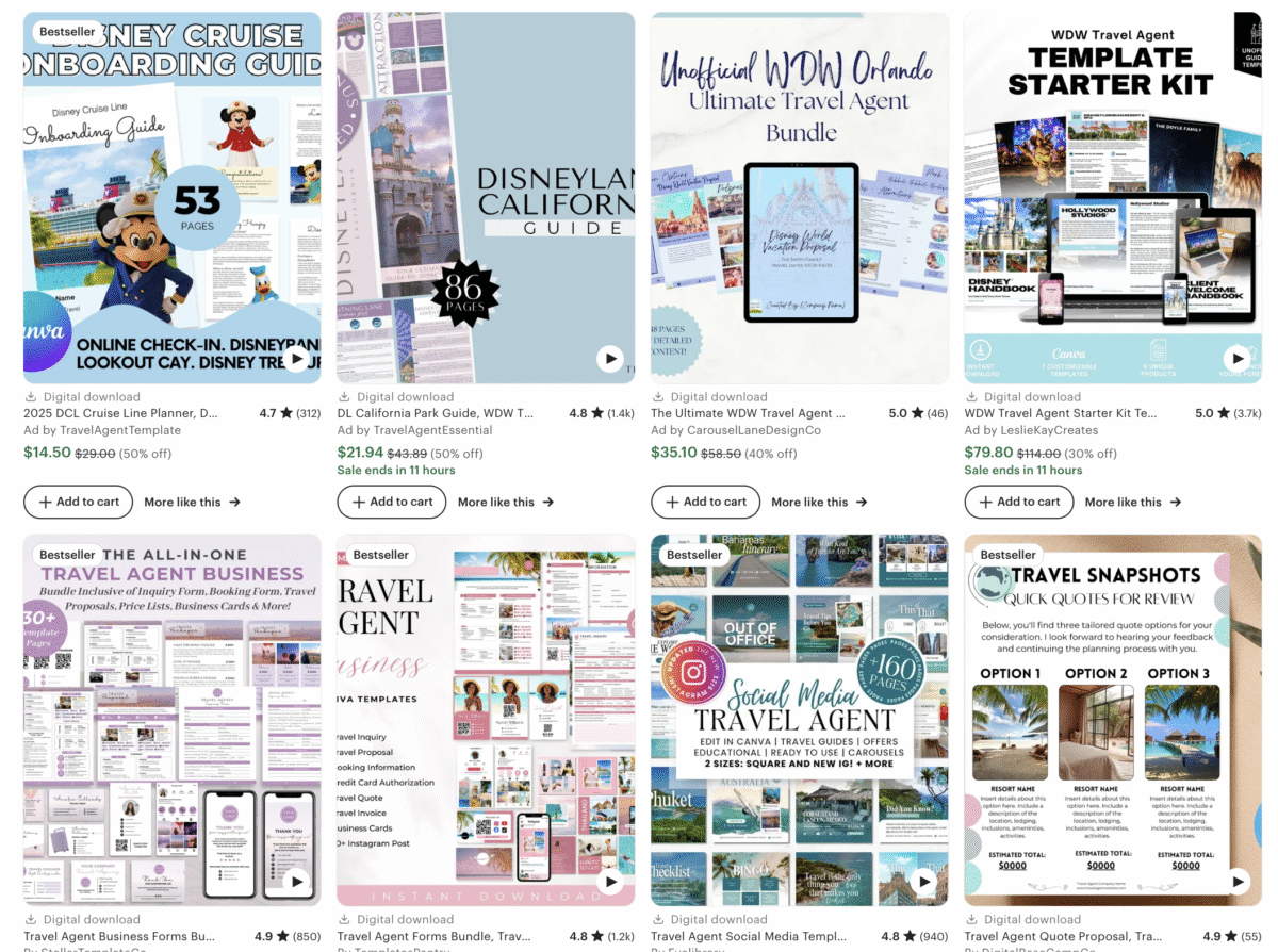 A Pinterest search page displays various faceless digital products, including printable Disney and travel agent planning guides for sale.
