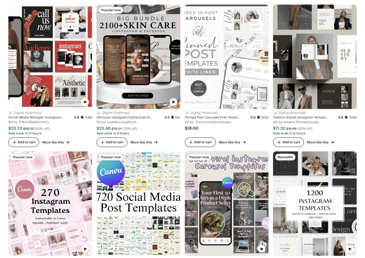 A collage of faceless digital products featuring Instagram template packs for sale, showcasing various layouts, designs, and preview images.