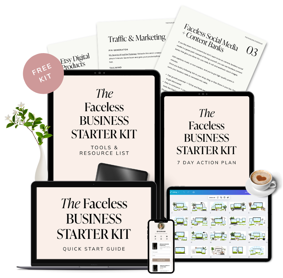Free Starter Kit digital resources displayed on screens alongside coffee, a plant, and printed pages—everything you need to kickstart your faceless business journey.